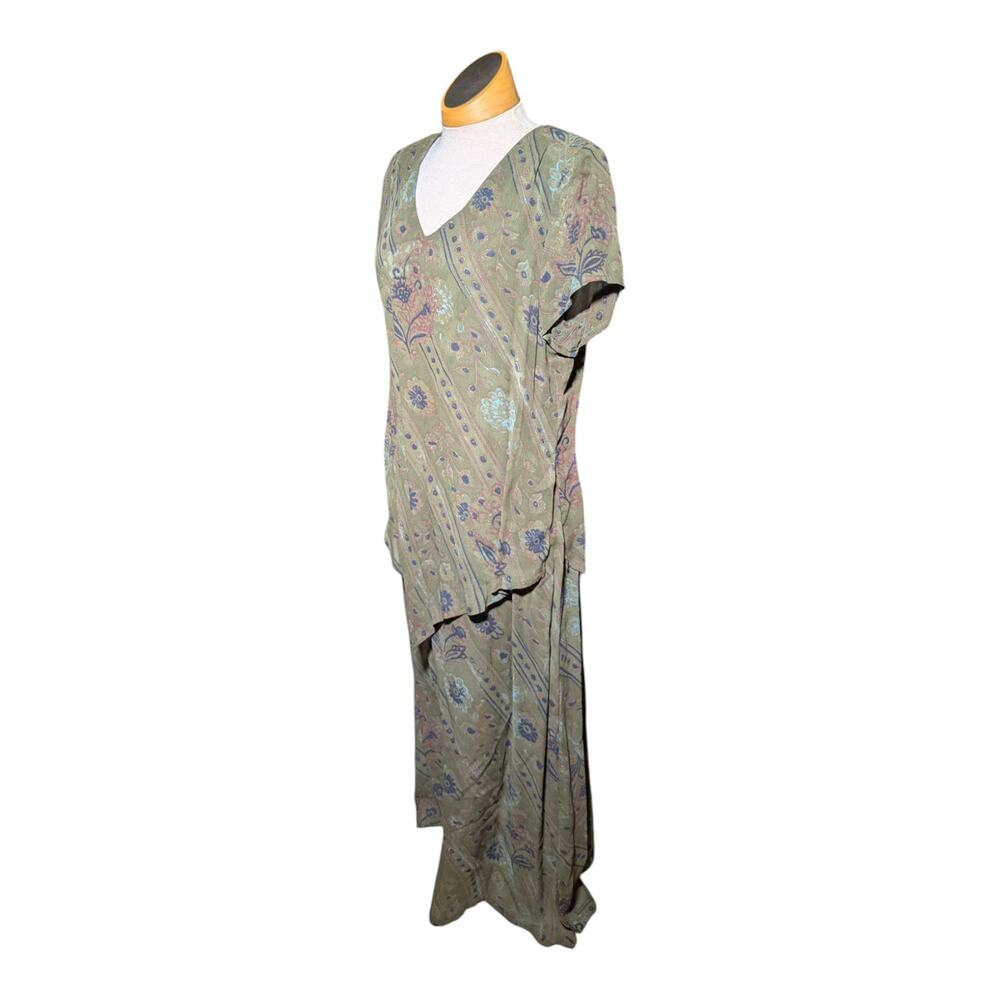 Vtg 1990s Olive Green Floral Layered Chiffon Short Sleeve Fairy Maxi Dress Sz 10